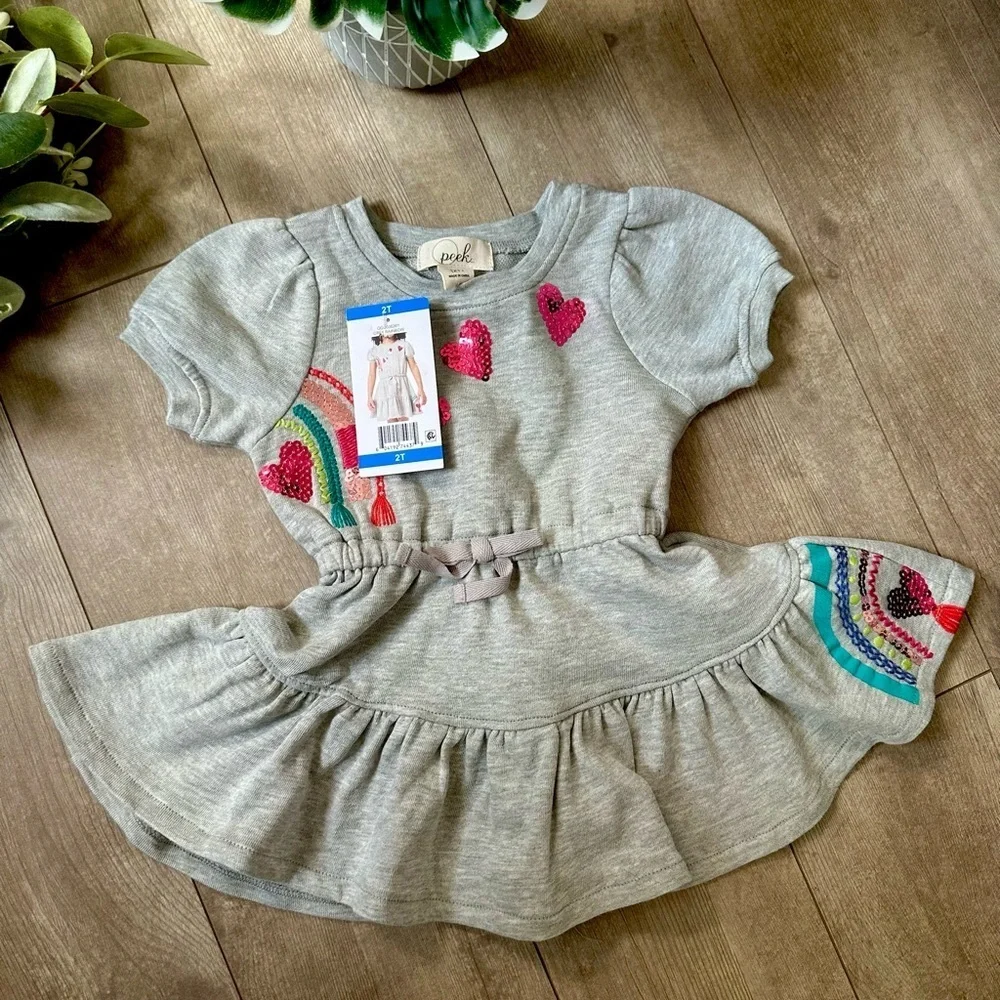 New Peek Toddler Girls Short Sleeve Sequin Dress Rainbow And Hearts size 2T